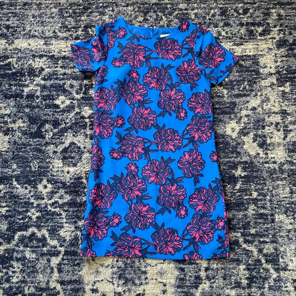 J. Crew Factory Blue Floral Shift Dress with Pink Flowers